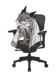  1boy animal_feet animal_hands chair child claws crossed_arms digitigrade dragon_boy dragon_horns dragon_wings full_body greyscale hair_between_eyes horns long_sleeves looking_to_the_side low_wings male_focus monochrome monster_boy mullmull02 multiple_horns office_chair on_chair original scales shirt short_hair shorts simple_background slit_pupils solo squatting swivel_chair taras-kun white_background wings 