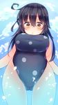  absurdres black_hair blue_sky blue_swimsuit breasts cloud day from_below highres kantai_collection large_breasts long_hair looking_at_viewer looking_down motty one-piece_swimsuit partially_submerged polka_dot polka_dot_swimsuit sky solo swimsuit ushio_(kantai_collection) water 