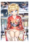  3: absurdres animal_ears arisugawa_rina artist_name ass_visible_through_thighs bangs blonde_hair blue_eyes closed_mouth clothes_lift eyebrows_visible_through_hair flat_chest floral_print foreshortening highres japanese_clothes kimono kimono_lift looking_away lowleg lowleg_panties obi ootomo_takuji outdoors page_number panties ribbon-trimmed_legwear ribbon_trim sash scan snowing solo sparkle string_panties tail thighhighs tiger_ears tiger_tail toranoana twintails underwear white_legwear white_panties 