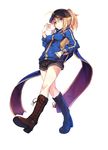  ahoge artoria_pendragon_(all) baozi baseball_cap blonde_hair blue_eyes blue_jacket boots brown_footwear commentary cross-laced_footwear fal_maro fate/grand_order fate_(series) food from_below hand_in_pocket hat highres holding holding_food jacket lace-up_boots looking_at_viewer looking_down mysterious_heroine_x ponytail scarf shorts simple_background solo track_jacket white_background 