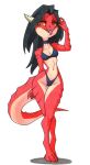 2023 4_toes 5_fingers absurd_res adena_(ewgengster) anthro bikini biped black_bikini black_clothing black_hair black_swimwear breasts chibi clothing dragon ewgengster_(artist) feet female fingers forked_tongue hair hi_res horn long_hair non-mammal_breasts red_body red_eyes red_scales scales scalie simple_background solo swimwear tan_body tan_horn tan_scales toes tongue tongue_out traditional_media_(artwork) white_background wingless_dragon yellow_sclera