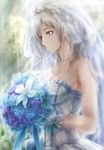  anastasia_(idolmaster) blue_flower bouquet breasts bridal_veil cleavage collarbone diadem dress flower from_side gloves green_eyes grey_dress grey_gloves grey_hair holding holding_bouquet idolmaster idolmaster_cinderella_girls long_hair medium_breasts purple_flower see-through sleeveless sleeveless_dress smile solo standing strapless strapless_dress tsutsumotase upper_body veil wedding_dress white_flower 