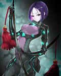  1girl armor black_armor black_eyes bodysuit breasts fate/grand_order fate/samurai_remnant fate_(series) grey_bodysuit hazuki-a highres katana looking_at_viewer minamoto_no_raikou_(fate) parted_bangs purple_hair rider_(fate/samurai_remnant) short_hair small_breasts solo sword weapon 