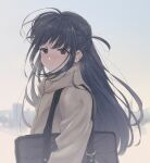  1girl arm_at_side bag black_eyes black_hair blue_sky blurry blush breath brown_jacket cloud depth_of_field floating_hair from_side gradient_sky highres hood hood_down hooded_jacket jacket long_hair long_sleeves looking_at_viewer looking_to_the_side morning nori_(cheiwbciwkxbdjr) nose_blush outdoors parted_lips school_bag shoujo_kageki_revue_starlight shoulder_bag sky solo tsuyuzaki_mahiru two_side_up 