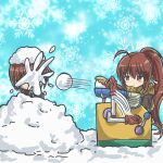  1boy 1girl absurdres brown_hair crossover doraemon gloves highres little_busters! long_hair marihei64ds natsume_kyousuke natsume_rin ponytail red_eyes scarf snowball snowball_fight winter 