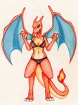  allymoodyneko anthro anthrofied better_version_at_source bra breasts charizard claws clothing dragon female fire hi_res navel nintendo open_mouth panties pinup pok&eacute;mon pok&eacute;morph pose scalie simple_background solo standing underwear video_games western_dragon wings 