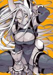  1girl animal_ears boku_no_hero_academia breasts cleavage cleavage_cutout clenched_teeth clothing_cutout detached_sleeves gloves greyscale greyscale_with_colored_background hair_between_eyes highres large_breasts long_hair mirko monochrome orange_background orange_eyes rabbit_ears rabbit_girl smile solo squatting striped_clothes striped_thighhighs takatsuki_ichi teeth thighhighs thighs vertical-striped_clothes vertical-striped_thighhighs 