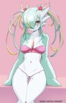  1girl absurdres alternate_hair_color alternate_hairstyle arms_at_sides arrow_(symbol) artist_name ass_visible_through_thighs bandeau bare_shoulders blonde_hair blush body_writing breasts closed_mouth collarbone colored_skin commentary english_commentary english_text gardevoir green_hair green_skin groin hair_bobbles hair_ornament hair_over_one_eye heart highres legs_together long_hair looking_at_viewer medium_breasts mixed-language_commentary multicolored_skin navel no_pants one_eye_covered panties partially_visible_vulva patreon_username peach-cup pink_background pink_bandeau pink_panties pokemon pokemon_(creature) red_eyes sidelocks simple_background sitting skindentation solo star_(symbol) sticker_on_face stomach string_panties sweat tally_counter thick_thighs thigh_gap thighs transparent twintails twitter_username two-tone_skin underwear watermark wavy_mouth white_skin wide_hips 