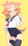  1girl black_thighhighs blush covered_navel crop_top flat_chest green_eyes highres linea-chan_(owasaki) lizard_tail looking_at_viewer neckerchief old_school_swimsuit one_eye_closed orange_hair orange_tail original owasaki red_neckerchief sailor_collar school_swimsuit shirt short_hair solo swimsuit tail thick_eyebrows thighhighs tongue tongue_out white_shirt 