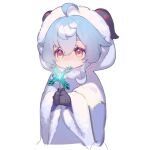  1girl aged_down ahoge bell black_gloves blue_hair cape child cowbell ebibi_chiriri fur-trimmed_cape fur-trimmed_headwear fur-trimmed_hood fur_trim ganyu_(child)_(genshin_impact) ganyu_(genshin_impact) genshin_impact gloves goat_horns hair_between_eyes hood hood_up horns neck_bell official_alternate_costume purple_eyes sidelocks winter_clothes 