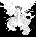  1girl aiguillette belt bird blending cape charlie_(reverse:1999) chinese_commentary cloud commentary_request falling_feathers greyscale hat_feather highres jacket long_hair long_sleeves monochrome no_eyes open_mouth outstretched_arms reverse:1999 same_(uminiiru1000s) solo 