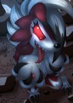 anthro big_breasts breast_squeeze breasts canid canine canis claws female generation_7_pokemon glowing glowing_eyes hi_res licking lycanroc mammal night nintendo pixelboy pokemon pokemon_(species) red_eyes sharp_teeth snout solo tail teeth tongue tongue_out were werecanid werecanine werewolf wolf