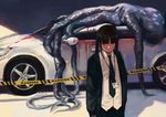  absurdres black_hair blood car death ground_vehicle highres jun_(5455454541) long_hair looking_at_viewer marker_(medium) monster motor_vehicle name_tag necktie original pleated_skirt police red_eyes school_uniform sign skirt solo surreal tentacles traditional_media twintails warning_sign 