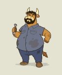 2023 anthro beard belly bottomwear bovid bovine cattle clothing facial_hair fermin_(julio_&amp;_poncho) guayodraws male mammal overweight overweight_male pants shirt simple_background solo topwear