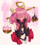  1girl absurdres aura_(sousou_no_frieren) balance_scale bchan1582 blush braid breasts cleavage clothing_cutout commentary_request covering_face demon_girl demon_horns elbow_gloves gloves gold_necklace heart heart-shaped_pupils highres holding_own_hair horns jewelry long_hair multiple_braids navel_cutout necklace nose_blush pink_hair quad_braids scales skirt solo sousou_no_frieren sweat symbol-shaped_pupils upper_body weighing_scale white_skirt 