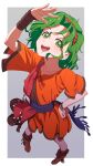  1girl :d aduti_momoyama arm_up boots border brown_footwear dress fire_emblem fire_emblem:_thracia_776 foreshortening full_body green_eyes green_hair grey_background hand_on_own_hip highres looking_at_viewer open_mouth orange_dress short_hair smile solo tina_(fire_emblem) white_border 