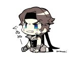  1boy angry belt blue_eyes brown_hair cape castlevania:_rondo_of_blood castlevania:_symphony_of_the_night castlevania_(series) chibi clenched_hand commentary_request full_body gloves headband kotorai long_hair male_focus meme richter_belmont short_hair signature simple_background solo sweatdrop translated white_background 
