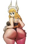 absurd_res apron big_butt blonde_hair bra butt clothing doublehero female hair hi_res horn horned_humanoid huge_butt huge_hips humanoid looking_at_viewer looking_back maid_headdress maid_uniform my_hero_academia panties rear_view scut_tail short_tail solo tail thick_thighs tsunotori_pony underwear uniform wide_hips