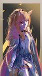  1girl absurdres animal_ears arknights armor blemishine_(arknights) blonde_hair border chinese_commentary closed_mouth commentary_request gradient_border half_updo highres horse_ears horse_girl lemtun long_hair looking_at_viewer orange_eyes outside_border shade sidelocks solo 