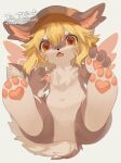 absurd_res ambiguous_gender anthro artist_name biped blonde_hair blush brown_body brown_fur canid canine chest_tuft clothing countershade_fur countershading cute_fangs featureless_crotch feet fingers foot_focus fur furgonomics hair hat headgear headgear_only headwear headwear_only heart_pawpads hi_res hindpaw looking_at_viewer lying mammal mostly_nude navel newsboy_cap on_back open_mouth pawpads paws red_eyes semi-anthro simple_background solo sue36v surprised_expression tail tan_body tan_fur text tuft wings