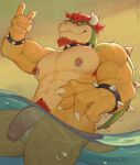 abs anthro armpit_hair balls beard biped body_hair bowser claws facial_hair finger_claws flaccid fwz_art genitals glans hair hi_res humanoid_genitalia humanoid_penis male mario_bros muscular muscular_anthro muscular_male navel nintendo nipple_piercing nipple_ring nipples partially_submerged pecs penis piercing pubes ring_piercing scalie solo tail