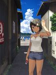  arm_up bangs bare_arms black_hair breasts building camisole can closed_mouth cloud coca-cola collarbone commentary day denim denim_shorts drainpipe eyebrows_visible_through_hair fence grass hashi holding holding_can light_smile looking_at_viewer medium_breasts original outdoors poster_(object) short_hair short_shorts shorts smile soda_can solo_focus standing summer tan tree watercraft 