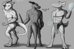 3:2 anthro bottomwear butt clothed clothing demon dovak dragon feet fist flexing group horn legswithsnake lizard lizardman loincloth loincloth_only male melee_weapon muscular muscular_anthro muscular_male nude pose reptile scalie shield sword tail talons tasteful_nudity toes topless trio weapon