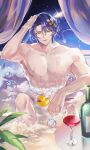  1boy alcohol bath bathtub blue_hair bottle bubble cup dr._ratio_(honkai:_star_rail) drinking_glass hair_between_eyes hair_ornament highres honkai:_star_rail honkai_(series) looking_at_viewer male_focus moehime muscular muscular_male open_mouth pectorals rubber_duck short_hair solo toned toned_male wet wine wine_bottle wine_glass yellow_eyes 