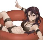  1girl abs absurdres afloat bare_arms bare_shoulders belt breasts brown_hair choker commission commissioner_upload dusk_(wayanfa) hair_ornament highres lamota long_hair lying multiple_belts non-web_source original purple_eyes relaxing small_breasts smug swim_ring swimsuit thighs v wet white_background 