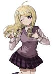  1girl ;) ahoge akamatsu_kaede blonde_hair blush case_(k1_ase) closed_mouth collared_shirt danganronpa_(series) danganronpa_v3:_killing_harmony double_finger_gun finger_gun hair_ornament highres long_hair long_sleeves looking_at_viewer musical_note musical_note_hair_ornament musical_note_print necktie one_eye_closed orange_necktie pink_eyes pink_sweater_vest pleated_skirt purple_skirt shirt skirt smile solo sweater_vest white_background white_shirt 