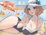  alcohol artist_name beach beach_umbrella black_one-piece_swimsuit blush bow breasts brown_eyes champagne champagne_flute cleavage cup curly_hair drinking_glass english_text finger_to_cheek halterneck hat hat_bow hat_ribbon highres large_breasts looking_at_viewer lounge lying ocean okumura_haru on_side one-piece_swimsuit orange_hair persona persona_5 pink_nails poechan_chan ribbon sand short_hair smile striped_ribbon sun_hat swimsuit thank_you umbrella white_trim 