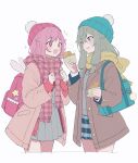  +_+ 2girls :d absurdres aqua_bag aqua_headwear backpack bag bag_charm beanie blush brown_hair brown_scarf candy_wrapper charm_(object) coat cowboy_shot food grey_sweater hair_tie hat highres holding holding_food hrn_ohana kusanagi_nene multiple_girls ootori_emu open_clothes open_coat pink_eyes pink_hair pink_scarf plaid plaid_scarf plaid_skirt pleated_skirt project_sekai purple_eyes red_bag red_headwear scarf school_bag school_uniform simple_background skirt smile sparkle sweater symbol-shaped_pupils taiyaki wagashi white_background 