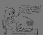 anthro computer computer_mouse deltarune electronics female kris_(deltarune) low_res monochrome sketch solo speech_bubble text toriel undertale_(series) unknown_artist