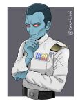  1boy absurdres alien animification belt blue_hair blue_skin colored_skin commentary_request galactic_empire grand_admiral_thrawn grey_background hand_on_own_chin highres king military_uniform red_eyes science_fiction signature spoilers star_wars star_wars:_ahsoka star_wars:_rebels uniform upper_body user_rhkk8755 