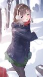  1girl 1other black_pantyhose blue_coat blush breath brown_hair coat duffel_coat earmuffs green_skirt highres hood hooded_coat idolmaster idolmaster_cinderella_girls koyo_akio looking_at_viewer out_of_frame outdoors pantyhose pov pov_hands red_scarf sakuma_mayu scarf skirt smile snow snowball throwing 