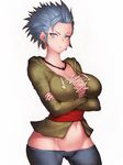  blue_eyes blue_hair breasts cameltoe camus_(dq11) cleavage crossed_arms dragon_quest dragon_quest_xi earrings fumio_(rsqkr) genderswap genderswap_(mtf) groin jewelry large_breasts looking_at_viewer midriff navel necklace pants short_hair solo thighs tight tight_pants 
