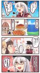  4koma :d =_= alcohol arm_up blonde_hair blue_eyes brown_eyes brown_hair church clenched_hands comic commentary_request cup drinking_glass food gangut_(kantai_collection) glasses hair_between_eyes hammer_and_sickle hat hibiki_(kantai_collection) highres horosho ido_(teketeke) kantai_collection littorio_(kantai_collection) long_hair long_sleeves multiple_girls open_mouth orange_eyes pasta peaked_cap pince-nez pipe pizza red_shirt remodel_(kantai_collection) roma_(kantai_collection) scar shaded_face shirt short_hair short_sleeves silver_hair smile spaghetti speech_bubble translated v-shaped_eyebrows verniy_(kantai_collection) white_hat wine wine_glass 