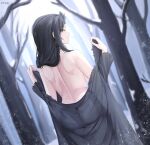  1girl absurdres akihitoevon bare_tree black_dress black_hair breasts brown_eyes closed_mouth dress from_behind genderswap genderswap_(mtf) highres long_hair looking_at_viewer looking_back natsuki_subaru natsumi_schwarz outdoors re:zero_kara_hajimeru_isekai_seikatsu snowing solo standing tree 