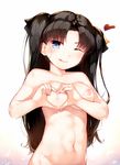  ;q bangs black_bow black_hair blue_eyes blush bow breasts deru06 eyebrows_visible_through_hair fate/stay_night fate_(series) heart heart-shaped_boob_challenge long_hair looking_at_viewer medium_breasts navel nipples nude one_eye_closed out-of-frame_censoring parted_bangs shiny shiny_hair shiny_skin simple_background solo tongue tongue_out toosaka_rin two_side_up very_long_hair white_background younger 