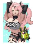  1girl :d absurdres armpits arms_up bare_shoulders black_shorts breasts cleavage commentary_request cowboy_shot elbow_gloves gloves green_eyes hair_ornament hair_ribbon hairclip highres large_breasts long_hair looking_at_viewer micro_shorts midriff navel nicole_demara open_fly open_mouth pink_hair ribbon shorts smile solo standing stomach strapless suxi_(user_pjzz2244) tube_top two_side_up very_long_hair zenless_zone_zero 