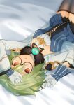  1girl absurdres aqua_brooch black_leotard blue_leotard breasts fur_collar genshin_impact gloves green_hair hair_between_eyes highres leotard lying on_back on_bed orange_eyes short_hair shrug_(clothing) small_breasts solo sucrose_(genshin_impact) surato thighhighs two-tone_leotard white_gloves white_shrug 