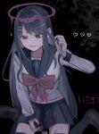  1girl :d black_background black_hair blood blood_halo blood_on_clothes blood_on_face bow bowtie breasts brown_footwear collarbone danganronpa:_trigger_happy_havoc danganronpa_(series) green_sailor_collar grey_shirt hair_ornament hairclip hand_up heart highres holding holding_knife knife large_breasts long_hair long_sleeves maizono_sayaka michi_(michiisidayo) pink_blood red_bow red_bowtie sailor_collar shirt shoes smile solo sweat thighhighs zettai_ryouiki 