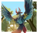  animal_focus beak bird bird_tail bird_wings blue_sky claws commentary_request day feathered_wings feathers forest highres kirkphoenix nature nitewing no_humans palworld sky tail tree wings 
