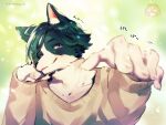  1boy ahoge animal_ear_fluff animal_ears artist_logo artist_name bishounen black_fur black_hair body_fur brown_sweater claws dog_boy dog_ears furry furry_male grey_background hand_on_own_cheek hand_on_own_face hands_up head_rest long_sleeves looking_at_viewer male_focus mokotalow11 original purple_eyes reaching reaching_towards_viewer short_hair solo sweater upper_body white_fur 