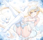  1girl angel angel_wings bare_shoulders bird blonde_hair blue_eyes blush breasts garter_straps hair_ornament halo highres kira_(kira78718520) lingerie long_hair looking_at_viewer manicure medium_breasts nail_polish no_shoes original panties see-through soles solo thighhighs twintails underwear white_panties white_thighhighs wings 