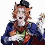  1boy absurdres animal_ears ascot blue_coat coat collared_shirt evil_grin evil_smile eyeshadow fangs fellow_honest fox_ears green_vest grin hand_on_own_chest hat highres holding holding_staff long_hair makeup mirai_(3ra1_373) orange_hair parted_bangs shirt smile staff top_hat twisted_wonderland vest wavy_hair white_background 