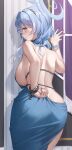  1girl absurdres adjusting_clothes ako_(blue_archive) ako_(dress)_(blue_archive) ame_816 ass backless_dress backless_outfit blue_archive blue_dress blue_eyes blue_hair blush bracelet breasts closed_mouth dress earrings from_behind hairband halo hand_on_wall highres jewelry large_breasts leaning_forward looking_back purple_nails sideboob solo tears 