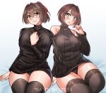  2girls absurdres artist_name bare_shoulders black_panties black_sweater black_thighhighs blush breasts brown_hair commentary_request cowboy_shot hair_between_eyes highres hyuuga_(kancolle) ise_(kancolle) kantai_collection katou_shinobu lace-trimmed_legwear lace_trim large_breasts long_sleeves looking_at_viewer multiple_girls panties parted_lips short_hair siblings simple_background sisters sitting smile sweater thighhighs underwear white_background yellow_eyes 