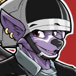 anthro buwaro_elexion clothing demon deser7cat ear_piercing fur grinning_at_viewer happy headgear hi_res horn looking_at_viewer male military_clothing military_helmet military_uniform piercing red_background simple_background slightly_damned solo star_wars uniform webcomic webcomic_character