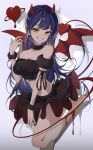  1girl absurdres arm_ribbon bandeau bare_shoulders barefoot black_skirt black_tube_top blood blue_hair breasts dark_blue_hair demon_girl demon_horns demon_tail demon_wings fur_collar gradient_skirt greeen_891 grin halloween heart highres horns lilpa long_hair looking_at_viewer medium_breasts melting_heart midriff miniskirt multicolored_hair orange_eyes red_horns red_skirt red_tail red_wings ribbon skirt smile solo standing standing_on_one_leg strapless streaked_hair tail tube_top very_long_hair virtual_youtuber waktaverse wings 